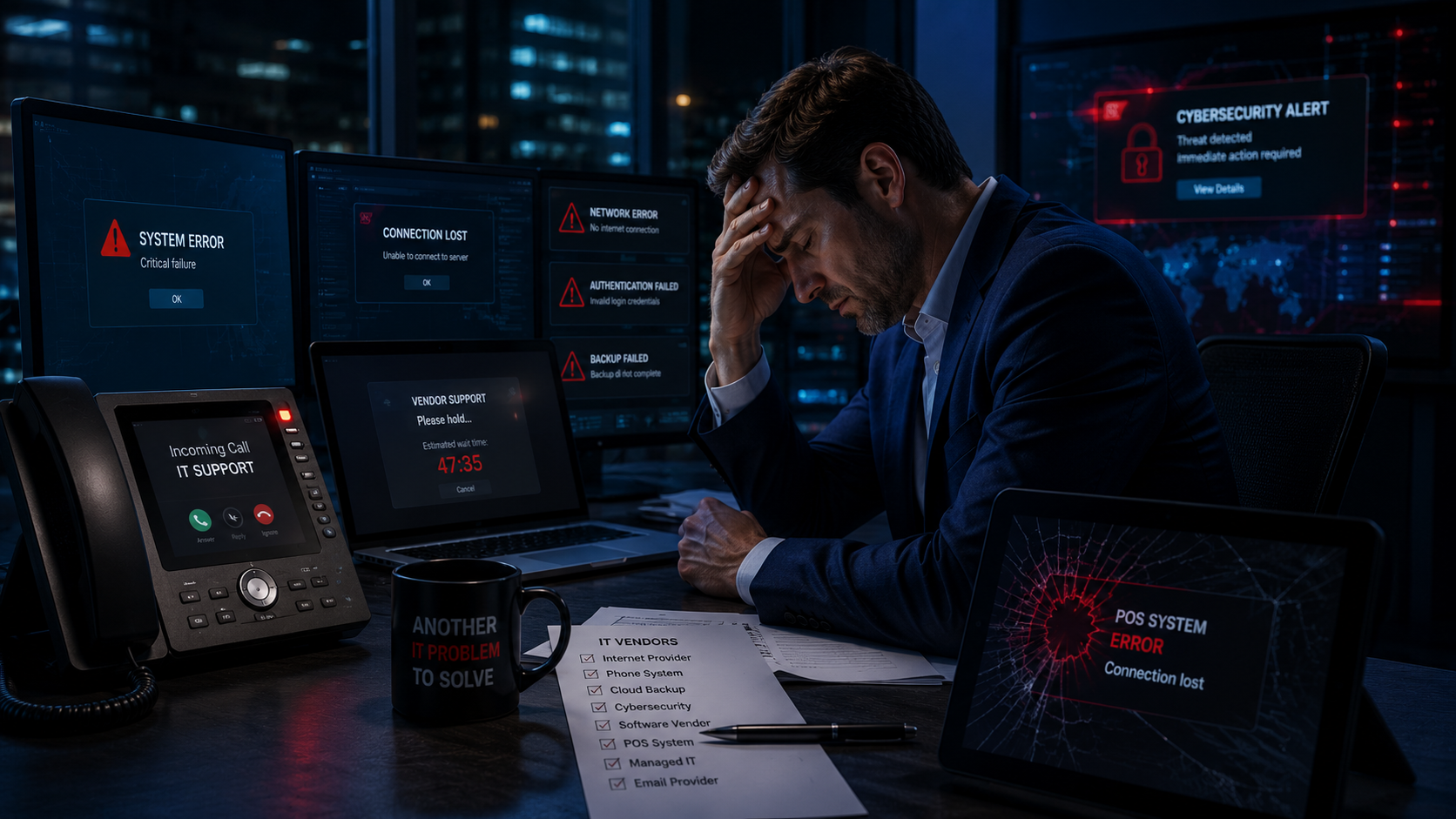 Business owner frustrated with multiple technology vendors